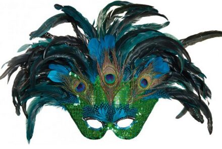 Verkleedmasker - groen/blauw - pauwenver - voor volwassenen - Veren masker