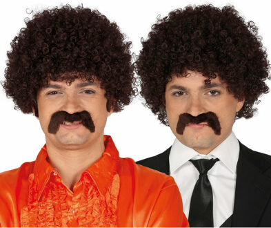 Verkleedpruik afro voor heren met krullen - inclusief snor - bruin - foute party
