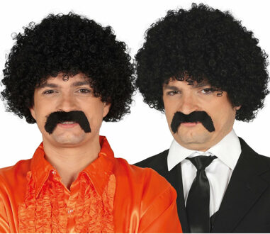 Verkleedpruik afro voor heren met krullen - inclusief snor - zwart - foute party