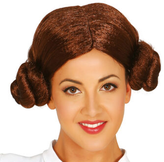 Verkleedpruik dames - bruin - space prinses - 2 knotten