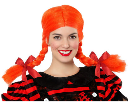 Verkleedpruik Dames Pippie - Oranje - Met lange vlechtjes - lang haar - Holland - Nederland