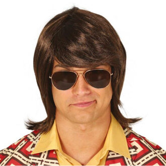 Verkleedpruik jaren 70 - heren - stijl half lang haar - bruin - Carnaval/Seventies/Disco
