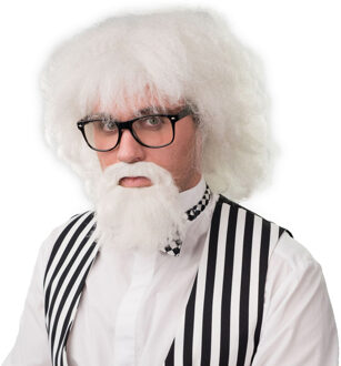 Verkleedpruik met bril voor heren - wit - Professor/oude man - Carnaval - half lang warrig haar