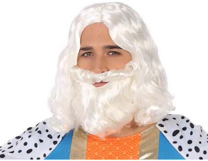 Verkleedpruik voor heren met baard - wit - half lang haar - Carnaval - Krijger/ridder/koning