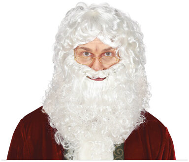Verkleedpruik voor heren met krullen - De kerstman - wit - met volle baard en snor