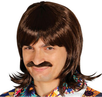 Verkleedpruik voor heren met stijl half lang haar - met snor - bruin - jaren 70 - Carnaval/Seventies
