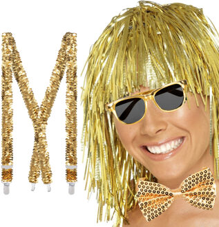 Verkleedset Disco - bretels/bril/strik en tinsel folie pruik - goud - seventies/80's - Carnaval/them