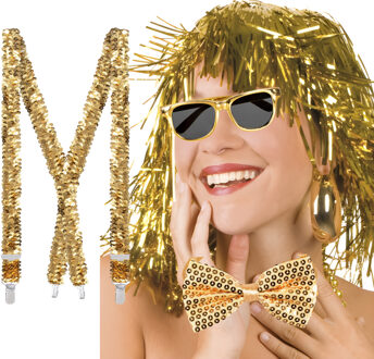 Verkleedset Disco - bretels/bril/strikje en folie pruik - goud - seventies/80's
