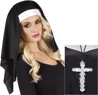 Verkleedset Non - hoofdkapje - ketting met kruis - zilver - carnaval - verkleedkleding