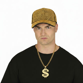 Verkleedset Rapper - Baseballcap goud met studs en dollar teken ketting - carnaval en foute party
