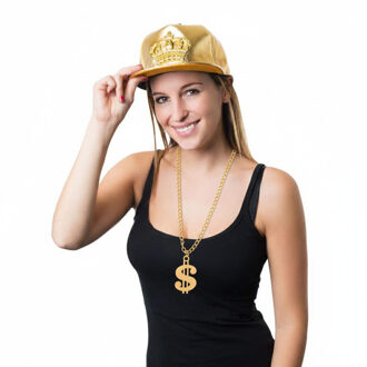 Verkleedset Rapper - Baseballcap met kroon goud en dollar teken ketting - carnaval en foute party