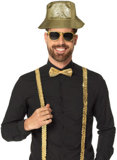 Verkleedset Rapper/Gangster - bretels/bril/strikje en visserhoedje - goud - 80's party/themafeest