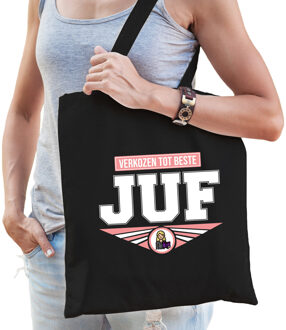 Verkozen tot beste juf katoenen tas zwart voor dames - cadeau tasjes - Feest Boodschappentassen