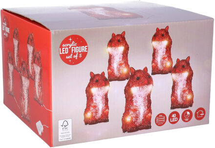 Verlichte eekhoorns - 5x st- 13 x 11 x 7 cm - LED - helder witte lampjes - verlichte dieren Bruin