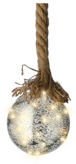 Verlichte kerstbal - glas - touw - D10 cm - zilver - 15 leds