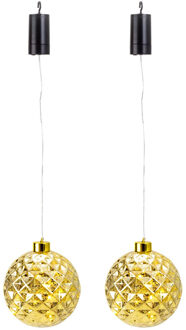 Verlichte kerstbal kunststof - 2x - goud - aan draad - D15 cm - led lampjes - warm wit