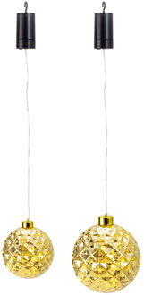 Verlichte kerstballen - 2x st - kunststof - goud - aan draad - D12 en D15 cm