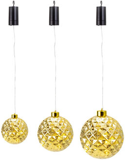 Verlichte kerstballen - 3x st - kunststof - goud - aan draad - D12, D15 en D20 cm