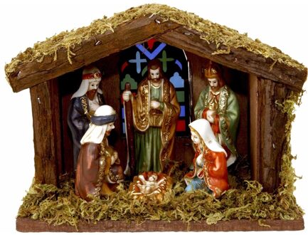 Verlichte kerststal - met 6 beelden - 20 x 8 x 15 cm - hout/keramiek - kerststalletjes