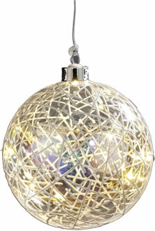 Verlichte LED kerstbal - D12 cm - glitter - warm wit - glas Zilver