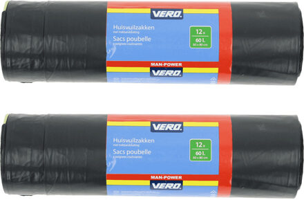 Vero Afvalzakken/vuilniszakken met trekband - 24x stuks - 60 liter - Extra sterk
