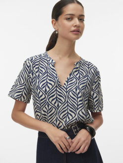Vero Moda vmjosie ss v-neck gathering top wvn 10341590 birch aop navy Ecru