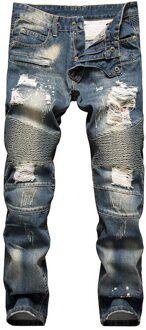 Verontruste Stretch Ripped Biker Jeans Mannen Hip Hop Met Gaten Punk Denim Broek 34