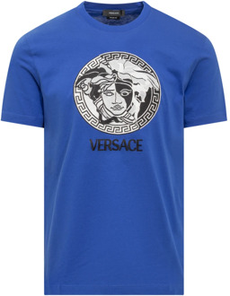 Versace Blauw Crew Neck T-shirt met Geborduurd Medusa Logo Versace , Blue , Heren - L,M,S,Xs