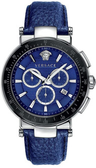 Versace Blauw Leren Band Kwarts Horloge Versace , Black , Heren - ONE Size