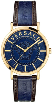 Versace Blauw Leren Band Kwarts Horloge Versace , Yellow , Heren - ONE Size