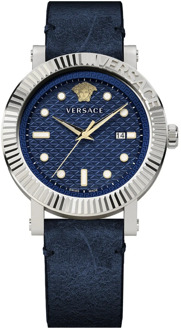 Versace Blauw Leren Band Quartz Horloge Versace , Gray , Heren - ONE Size