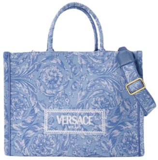 Versace Blauwe Jacquard Shopper Tas Canvas Versace , Blue , Dames - ONE Size