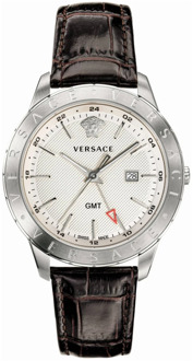 Versace Bruin Lederen Zilver Stalen GMT Horloge Versace , Multicolor , Heren - ONE Size