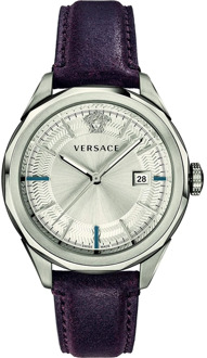 Versace Elegante Bruin Lederen Zilver Roestvrij Stalen Horloge Versace , Gray , Heren - ONE Size