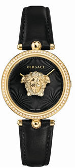 Versace Empire Zwart Lederen Gouden Diamanten Horloge Versace , Multicolor , Dames - ONE Size