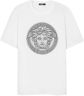 Versace Geborduurd Logo Crew Neck T-shirts Versace , White , Heren - Xl,L,M,S