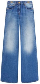 Versace Indigo Blauwe Spijkerbroek met Goudkleurig Logo Versace , Blue , Dames - W26,W27,W28