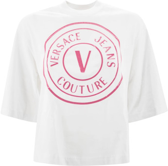 Versace Jeans Couture Glitter Logo Print T-shirts en Polos Versace Jeans Couture , White , Dames - M,S
