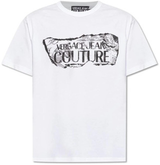 Versace Jeans Couture Logo Magazine T-Shirt Heren Wit Versace Jeans Couture , White , Heren - 2Xl,Xl,L,M,S