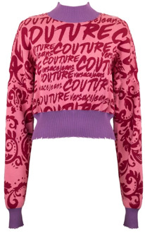 Versace Jeans Couture Roze trui met hoge hals en all-over letterprint - S Versace Jeans Couture , Pink , Dames