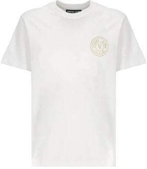 Versace Jeans Couture Witte Katoenen Heren T-shirt met Gouden V-Embleem Print,Witte Katoenen T-shirt met Gouden Logo Versace Jeans Couture , White , Heren - L,S