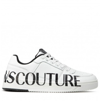 Versace Jeans Couture Witte leren sneakers met zwart contrastlogo - Maat 39 Versace Jeans Couture , White , Heren - 39 EU