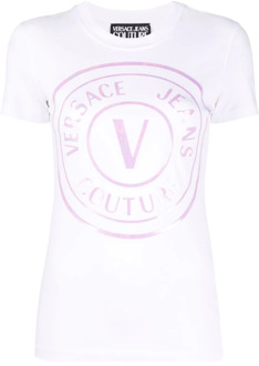 Versace Jeans Couture Witte T-shirt met Logo Print van Stretch Katoen voor Dames Versace Jeans Couture , White , Dames