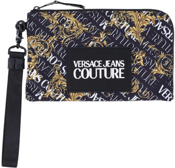 Versace Jeans Couture Zwart/Gouden Clutch met All-Over Logo Print en Ritssluiting Versace Jeans Couture , Black , Dames - ONE Size