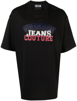 Versace Jeans Couture Zwart T-shirt met Flock Logo Versace Jeans Couture , Black , Heren - Xl,M,S,Xs