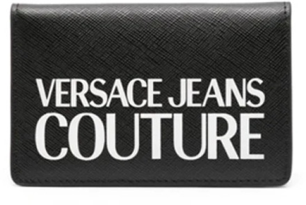 Versace Jeans Couture Zwarte leren portemonnee met wit logo print Versace Jeans Couture , Black , Heren - ONE Size