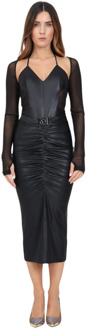 Versace Jeans Couture Zwarte Midi Jurk met Doorschijnende Mesh Mouwen en V-Embleem Detail Versace Jeans Couture , Black , Dames - 2XS