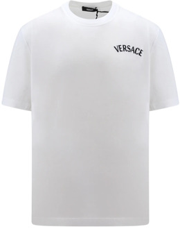 Versace Katoenen T-Shirt met Logo Borduursel Versace , White , Heren - 2Xl,Xl,L,M,S,3Xl