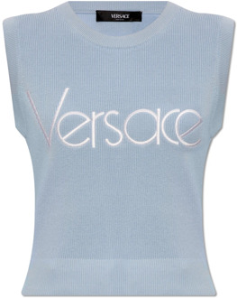 Versace Katoenen vest met logo Versace , Blue , Dames - S,Xs,2Xs