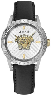 Versace Leren Band Kwarts Horloge, Zilveren Kast Versace , Gray , Heren - ONE Size